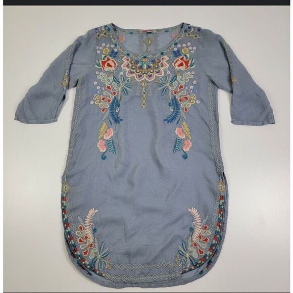 Johnny Was Embroidered Tunic Top/ Mini Dress Size Small– Light Blue 3/4 Sleeve - Picture 1 of 16